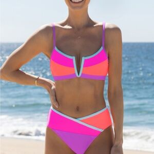 Pink and Purple Sporty Bikini with V-Notch Detail